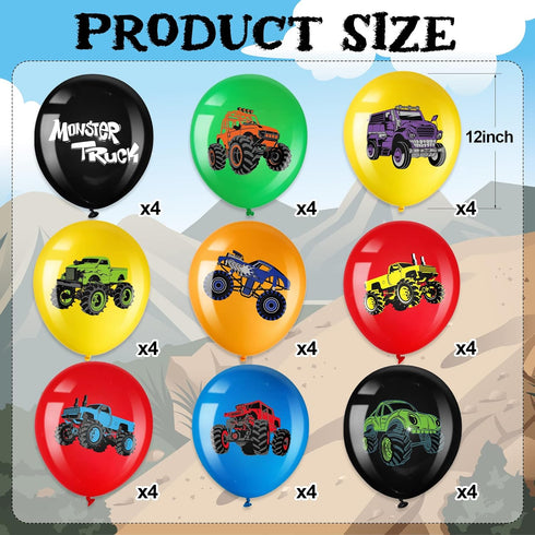 36 Pcs Truck Balloons, 12 Inch Colorful Latex Balloon Bouquet for Kids Birthday Party, Baby Shower Supplies
