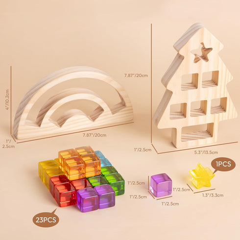 Set 24 3-6 Woodtoe Wooden Building Blocks for Kids, Rainbow & Christmas Tree Wood Frame - PCS Acrylic Gem Cubes