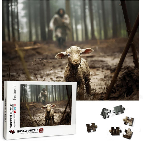 Christian Puzzles for Adults, Wooden Jigsaw Puzzles 500 Pieces Jesus Running After Lost Lamb Religious Decor