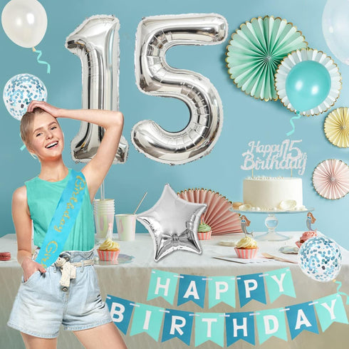 15th Birthday Decorations Teal Blue, Happy Birthday Banner, Sash, Number 15 Star Foil Balloons for Party Supplies
