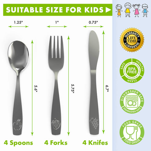 12 Piece Stainless Steel Kids Silverware Set - Child and Toddler Safe Flatware - Kids Utensil Set - Metal Kids Cutlery Set Includes 4 Small Kids Spoons, 4 Forks & 4 Knives by CHILLOUT LIFE