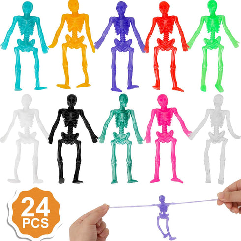 Konsait 24 Pack Stretchy Skeletons, Random 10 Glitter Color Sensory Bendable Toys, Party Favors for Kids Halloween