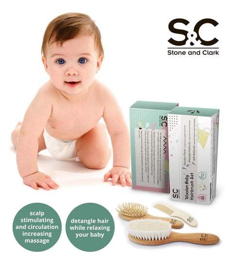 Baby Hair Brush and Comb Set for Newborn, Wooden Brush with Soft Goat Bristles, Baby Grooming Kit by Stone & Clark