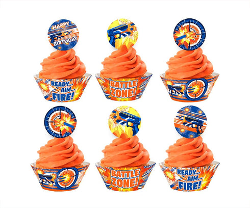 Dart War Cupcake Kit - 48 pieces with 24 Cupcake Toppers and 24 Cupcake Wrappers for Dart War Party Decorations