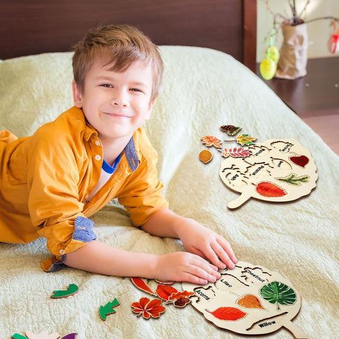 Kathfly 2 Pieces Leaf Wooden Jigsaw Puzzles, Montessori Toy for Early Educational Learning