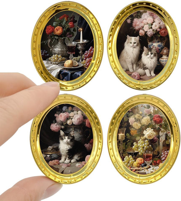 iLAND Miniature Dollhouse Accessories, 4 Picture Frames Set with Printed Paintings in Golden Color