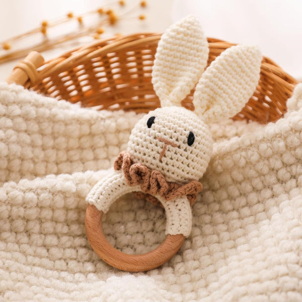 Wooden Baby Rattle, Crochet Bunny Rattle with Wood Ring, Newborn Wooden Animal Rattle Toy for Infant Bunny Wood Rattle