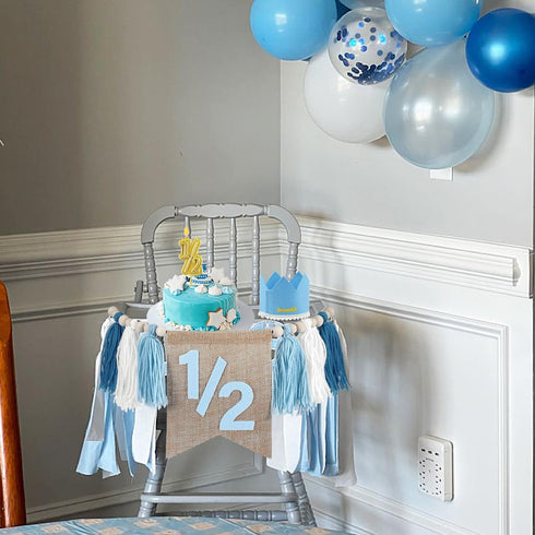 1/2 6 Birthday Boy Half Birthday Decorations High Chair Banner, Month Girl Tassel Wood Bead Highchair Garland Blue