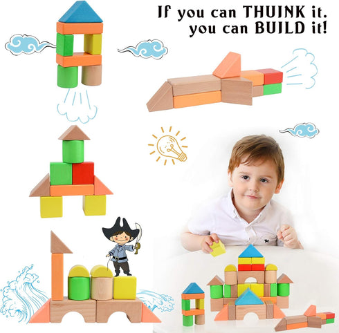Large Wooden Building Blocks Set - Educational Preschool Learning Toys with Carrying Bag for Toddler Gifts 3+ Year Old