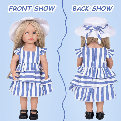 Doll Clothes and Accessories - 3 Pc. Set with Blue and White Stripes Skirt, Hat, and White Underwear