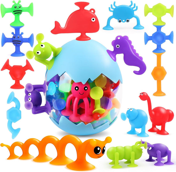 Auvitaya 30 PCS Suction Cup Toys, Baby Bath Tub Toy with Eggshell, Silicone