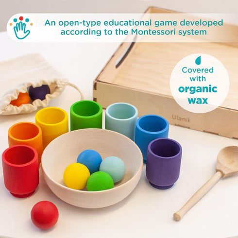 Ulanik Rainbow Balls in Cups, Toddler Montessori Toys for 1+ Year Old Kids, Wooden Matching Game for Learning
