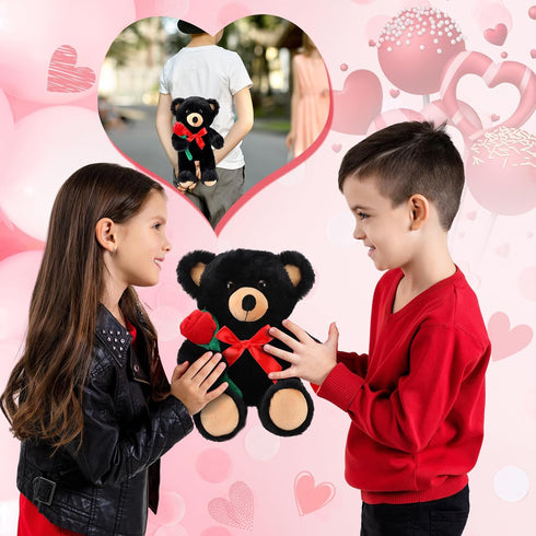 Black Bear Plush Stuffed Animal, 11.8 Inches Black Bear with Rose, Cute Gifts for Kids Toddler Girlfriend