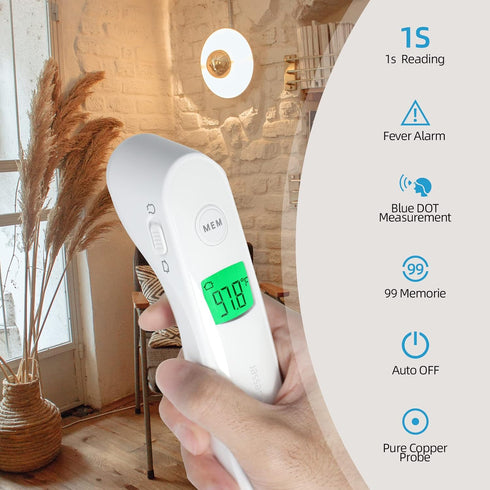 No-Touch Infrared Forehead Thermometer for Adults and Baby, Digital with Fever Alarm and Memory Function, White