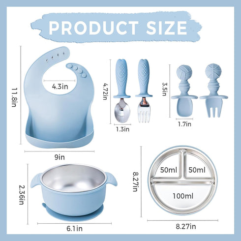 HORNORM 7 304 Set Pieces Stainless Steel Baby & Toddler Feeding - Suction Divided Plates, Bowls, Silicone & Stainless