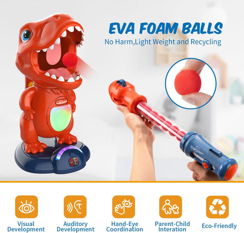 Movable Dinosaur Shooting Toys for Kids with 2 Air Pump Guns, LED & Sound, 48 Foam Balls for Target Practice