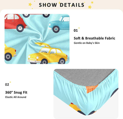 CZXW 52" 28" Cartoon Cars Colorful Crib Sheets Fitted x Natural Cotton Soft & Breathable for Baby Crib Mattress