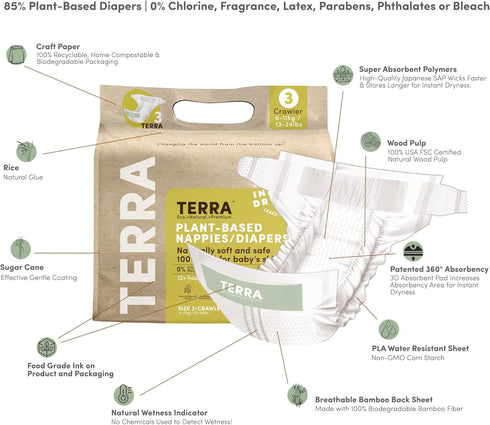 3: 85% 13-24 20 Count Terra Diapers Size Plant-Based Diapers, Ultra-Soft & Chemical-Free for Sensitive Skin, Superior