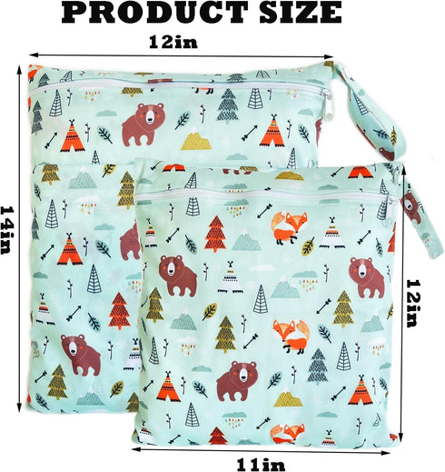 2PCS 14x12In 12x11In Wet Dry Bag for Cloth Diapers, Waterproof Reusable Wet Bag with Zippered Pockets, Washable