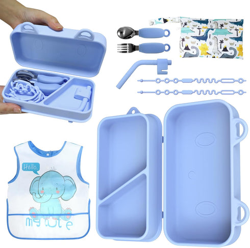 Travel Silicone Baby Feeding Set, 9pcs Portable Feeding Supplies, Toddler Suction Plates,