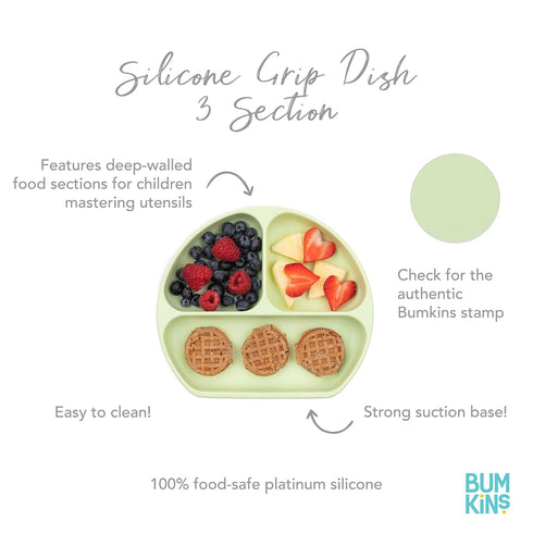Bumkins Toddler Suction Plate - Divided Grip Dish for Baby Led Weaning, Platinum Silicone