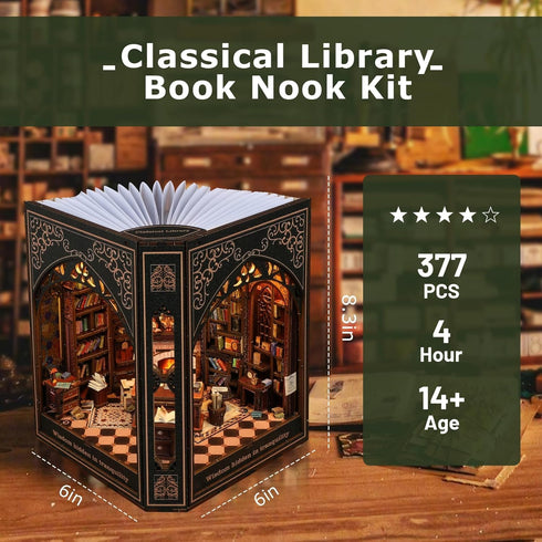 Nookmaster Book Nook Kit Classical Library Miniature Dollhouse Book Nook Bookshelf Insert with LED Lights, Creative DIY