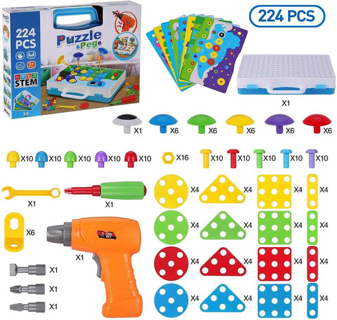 224 4-8, Set 2D/3D 5 6 7 8 9 10 PCS STEM Building Toys for Kids Ages Creative Mosaic Drill with Electric Drill