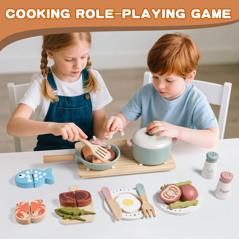 Toywoo Sets Playset Sets 3-5 Set) Wooden Play Kitchen Accessories Pretend Toy Pots and Pans for Kids Kitchen with Toy