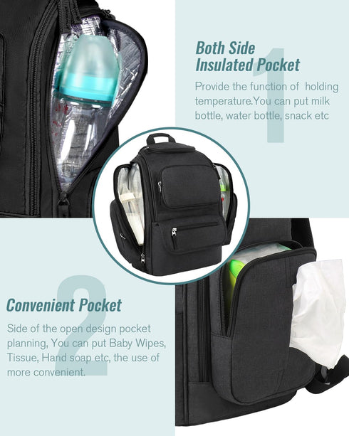 Backpack, Backpack 2 TravelBlack Mancro Diaper Bag Extra Large Capacity Baby Diaper with Insulated Pockets and Stroller