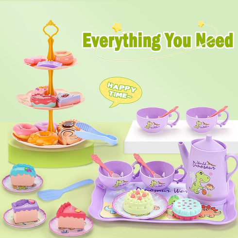 Set Set, 3 4 5 6 Lajeje Dinosaurs Tea Party for Little Girls, Pretend Plastic Teapot Princess Tea Time Play Kitchen Toy