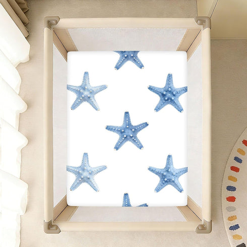 CZXW 52" 28" Starfish Sea Blue Crib Sheets Fitted x Natural Cotton Soft & Breathable for Baby Crib Mattress