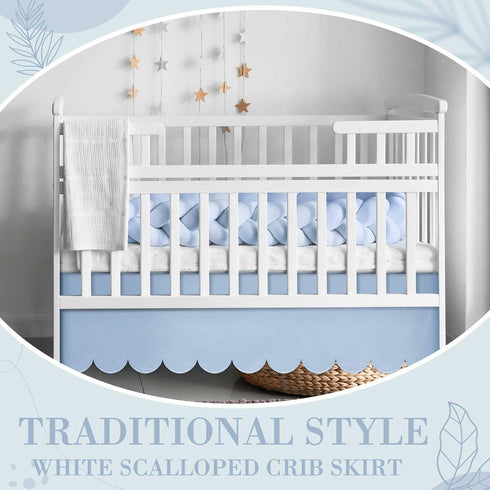 Hahafelt 28"x 52" 14" 4-Sided Blue Scalloped Crib Skirt with Drop Pleated Dust Ruffle with Split Corners for Baby Boys