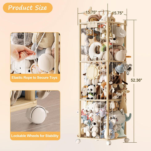 Stuffed Animal Storage,Wood Stuffed Animal Storage Zoo with Wheels,Vertical Stuffed Animal Holder with Thicker Elastic