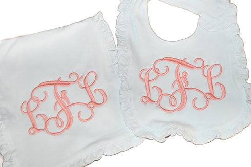 set Personalized Baby Girl White Ruffle Bib and Burp Cloth with Initials in Interlocking Script Font