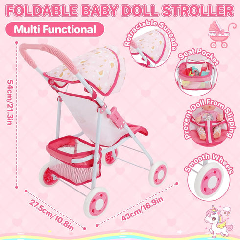 Set 12" Playset 17 3+ deAO Baby Doll Stroller with Baby Dolls Nursery PCS Baby Doll Accessories with Play Mat,Storage