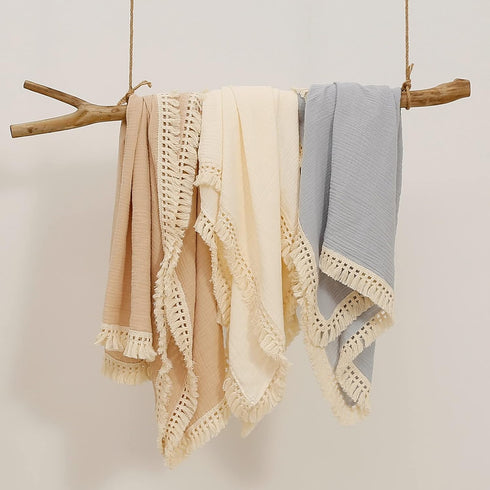 insular Cotton Muslin Baby Blanket with Tassel, Boho Muslin Swaddle Blanket, 47" x 40”, Khaki