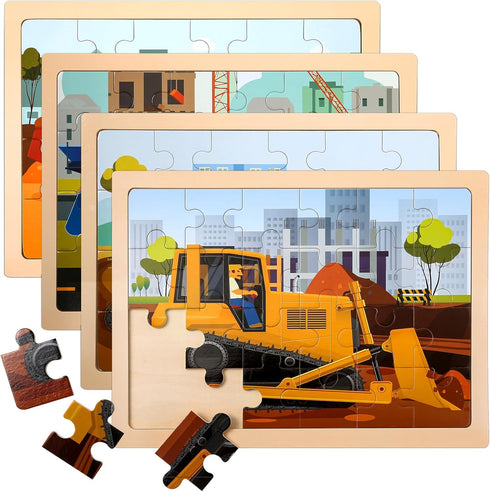 Wooden Vehicle Puzzles for Kids Age 3-5 - 4 Pack 24 Pcs Montessori Toddler Jigsaw Puzzles for Learning Activities