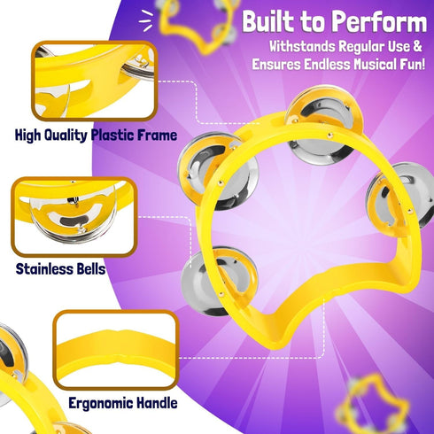 Flexzion Half Moon Musical Tambourine Set of 4, Red Yellow Blue Green, Hand Held Percussion Drum with Jingles