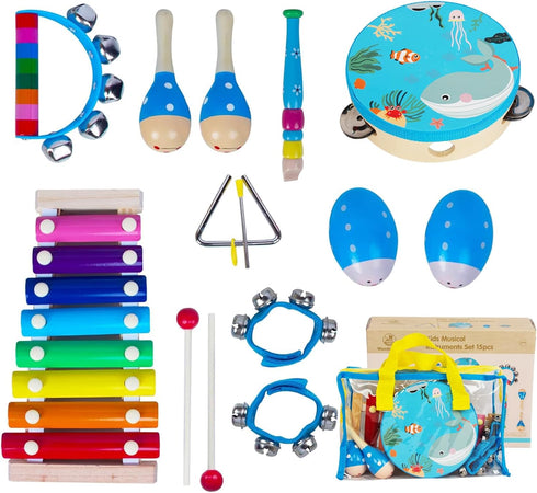 Wooden Musical Instruments Set for Toddlers 1-3, Natural Wood Percussion Instruments Gift Set with Storage Bag