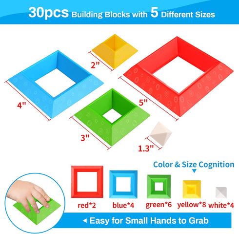 Montessori Toys for 1-4 Year Olds, 30Pcs Building Blocks Stacking Educational Toys, STEM Sensory Gifts for Kids Age