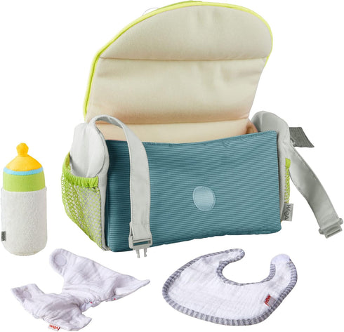 Summer 18 HABA Baby Doll Diaper Bag with Soft Bottle & Reusable Cloth Doll Diapers, Folds into Changing Mat, Meadow