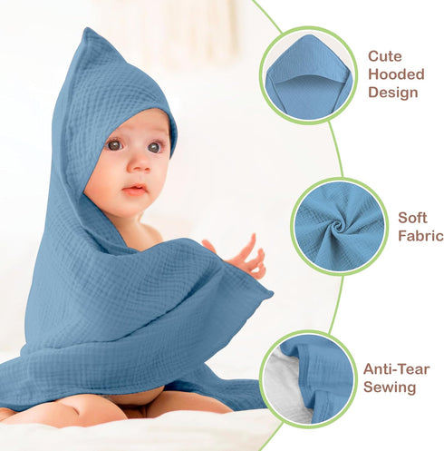 100% 32x32 Inch 2 Pack Organic Cotton Muslin Baby Hooded Towels Soft & Absorbent Baby Towels with Hood for Boys