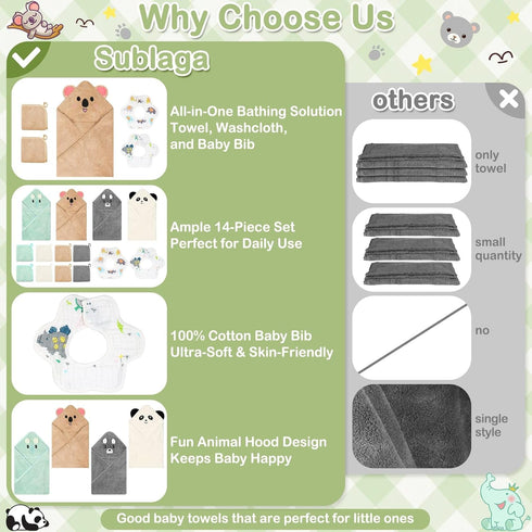 Sublaga 14 Set, 4 32x32 8 2 Set Pcs Baby Towels Washcloths and Baby Bibs Pcs Hooded Bath Towel, Pcs Baby Washcloths