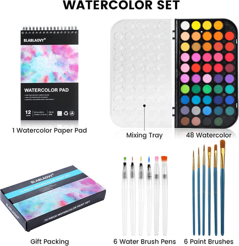 Watercolor Paint, 48 Colors Washable Paint Set, 6 Brushes, Drawing Pad, Palette for Kids Adults Artist Beginners