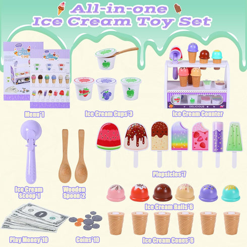 FENYAN Set, 3-5, Counter 3-8 Ice Cream Play Pretend Play Store for Toddlers Various Flavors Popsicle Ice Cream Shop