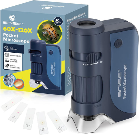 Portable Handheld Pocket Microscope 60X-120X for Kids, Mini Microscope with 5pcs Slides for Learning and Exploring