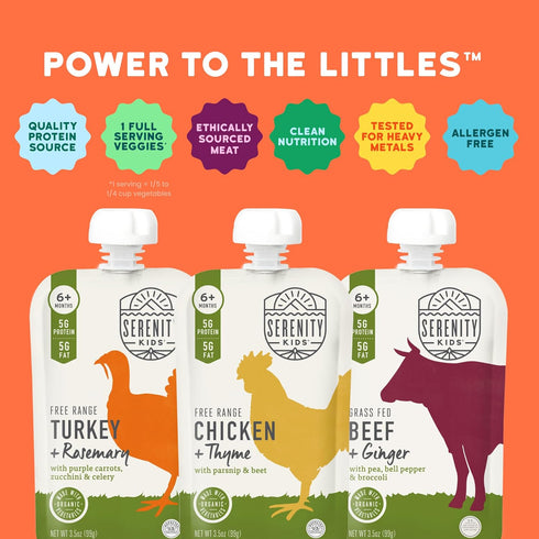 6+ Nutrient-Packed 5g 3.5 Oz, Pack 6 Serenity Kids Months Baby Food Pouches - Organic Baby Food with Protein - Savory