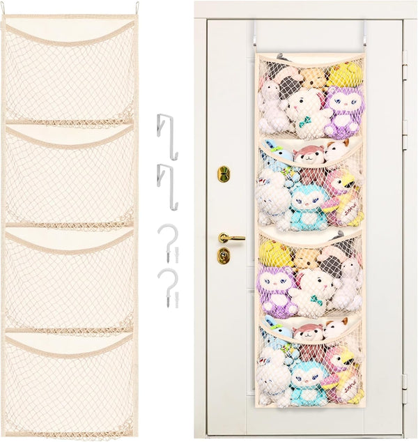 Over The Door Stuffed Animal Storage, Cotton Toy Organizer with 4 Large Pockets for Plush Toys and Baby Supplies