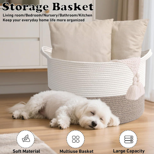 65L Large Woven Cotton Rope Blanket Basket with Handles, Laundry Hamper Storage Bin for Pillows, Clothes, Bedroom