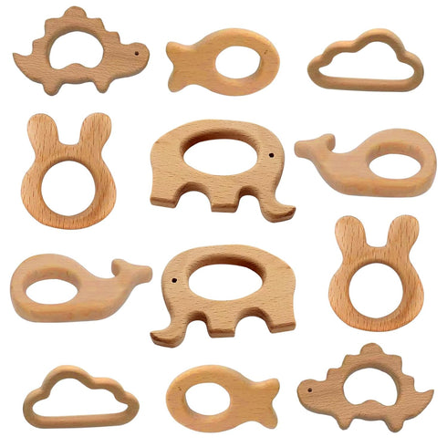 12-Pcs Baby Teether Toys, Wooden Teething Rings and Animal Toys, Toddler Chew Toys, Suitable for Children Over 36 Months